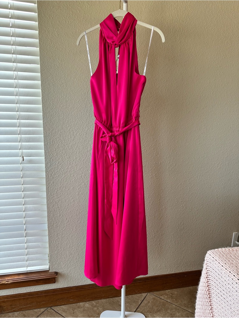 Anne Klein high twist neck sleeveless midi dress hot pink satin finish sz 8 NWT